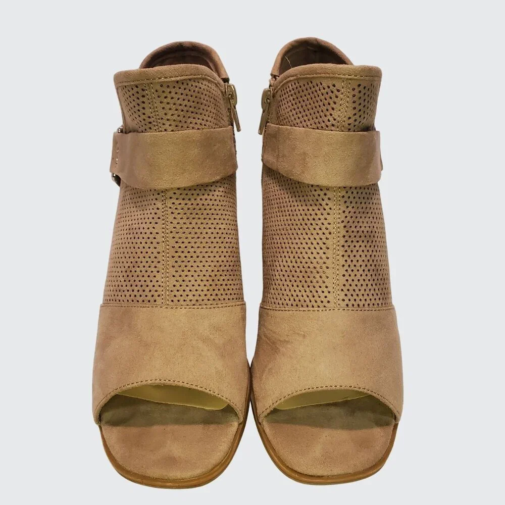 Fergalicious Augustine Open Toe Ankle Booties Side Zipper Entry Tan Size 38 - Picture 5 of 11